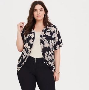 Plus Size - Navy Floral Pleated Georgette Kimono